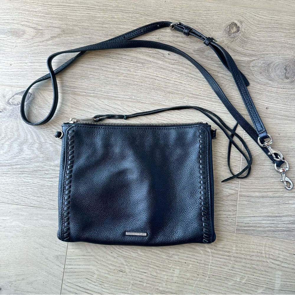 Rebecca Minkoff Black Leather Crossbody Bag | Braided Strap Small Shoulder Purse